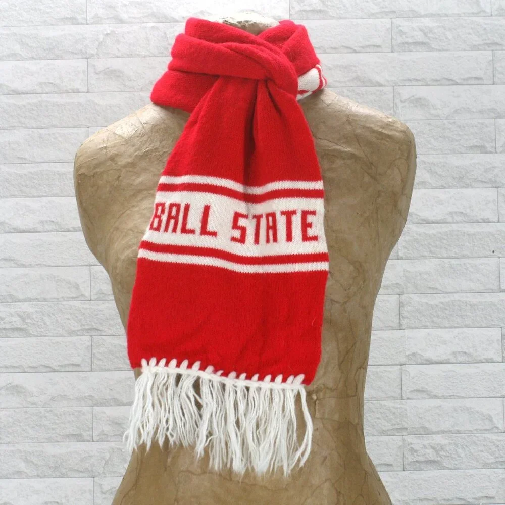 BALL STATE UNIVERSITY Scarf Knit Long Unisex Student Narrow Fringe Red White